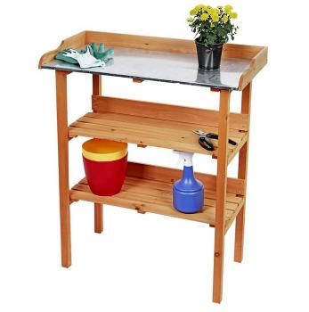 Preview: Holz Pflanztisch mit verzinkter Arbeitsplatte und 2 Ablagen 76x37x90,5cm